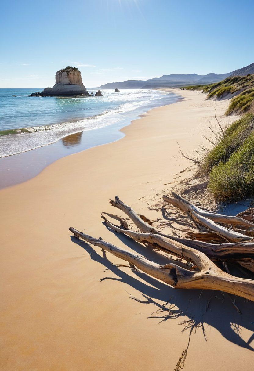 A breathtaking scene capturing a juxtaposition of sandy landscapes, featuring a serene coastal shore with gentle waves lapping at golden sands on one side and vast, undulating desert dunes stretching into the horizon on the other. Include delicate beach vegetation alongside sun-bleached driftwood, while the desert side showcases unique rock formations under a clear blue sky. The image should evoke a sense of tranquility and adventure. vibrant colors. super-realistic.