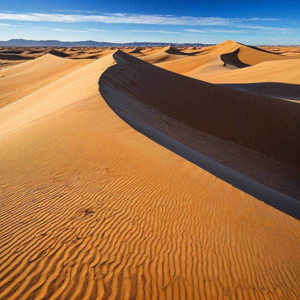A breathtaking view of expansive golden sand dunes under a vivid blue sky, with intricate patterns formed by wind erosion, scattered rock formations revealing geological layers, and a lone explorer studying the terrain. The image should evoke a sense of wonder and discovery, highlighting the unique textures of sand and rock. super-realistic. vibrant colors. wide panoramic view.
