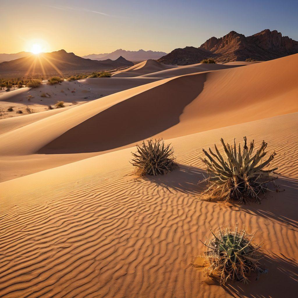 A vibrant desert landscape showcasing a transition from sandy grains to towering dunes, with the sun setting in the background casting golden hues. Include interesting flora and fauna adapting to the sandy environment, like cacti and desert foxes. The image should feel dynamic with layers of sand and texture, highlighting the 'formation' theme. super-realistic. vibrant colors. horizon light.